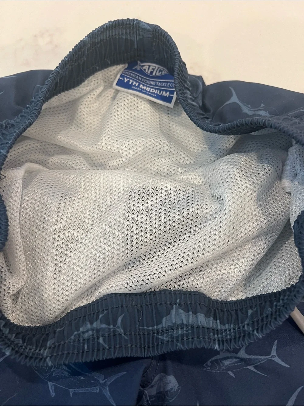 AFTCO Navy Blue Kids Swim Trunks with Fish Print